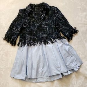 Zara Blue Blouse Tweed Fringe Top Cotton Bottom XS